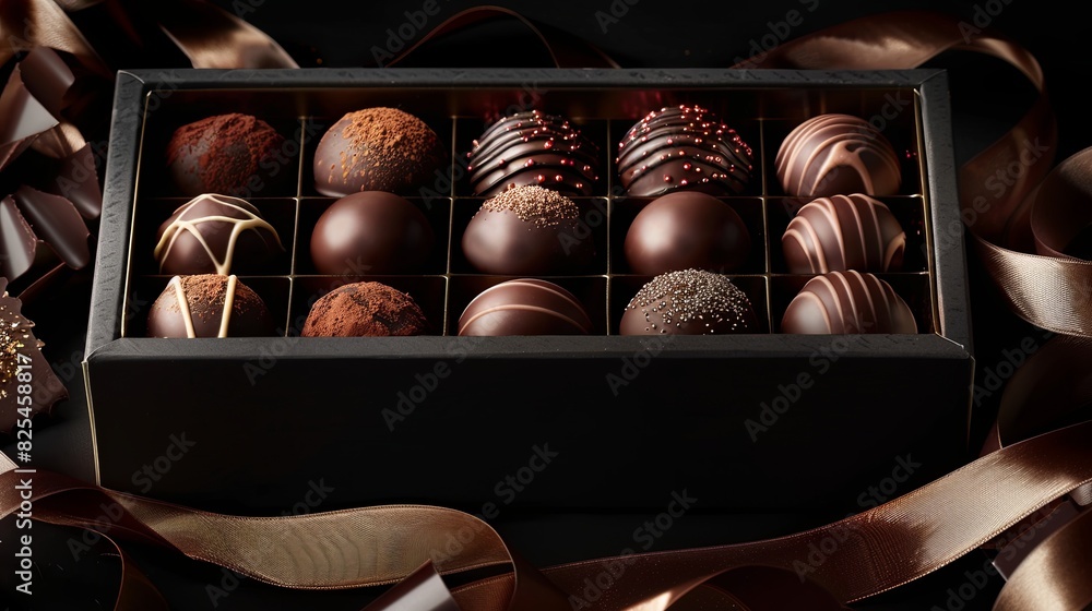 Aufkleber rich dark chocolate truffles in an elegant box, adorned with a ribbon for a luxurious presentation. 