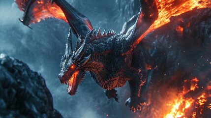 Powerful dragon flying in sky with clouds and fire flame.