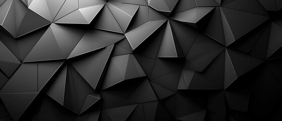 Modern black white abstract background. Minimal. Gradient. Dark grey banner with geometric shapes, lines, stripes, triangles. Design. Futuristic. Cut paper or metal effect. Origami, mosaic, geometry.