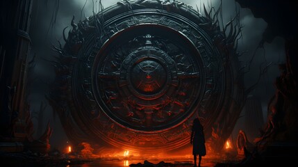 A circular entrance into darkness, with a huge inner door flanked by stone statues