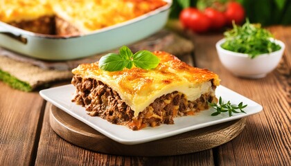 Moussaka from lamb meat with bechamel sauce served outdoors, generative AI
