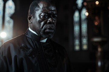 Solemn and prayerful clergyman in traditional religious attire reflecting on spirituality and faith inside a calm and holy church sanctuary