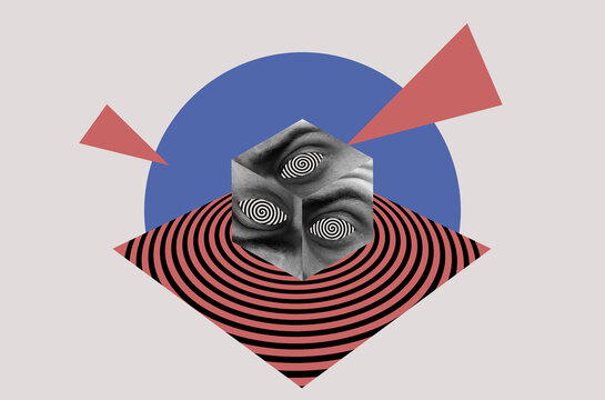 Surrealistic composition with a cube with eyes on planes