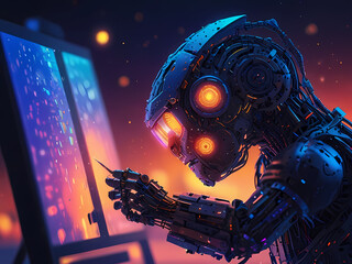 AI-powered robot artist painting a vibrant digital canvas