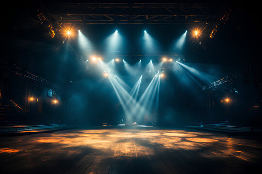 An empty stage club with blue and yellow bright stage lights and lights beams through a smoky atmosphere background
