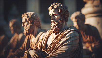 Ancient Greek philosopher statues, philosophy, blurred background
