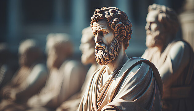 Ancient Greek philosopher statues, philosophy, blurred background
