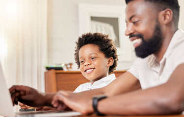 Home, kid and father with education on laptop for elearning, website or support in online class. Family, boy and man with technology by desk for virtual school, knowledge or help in child development
