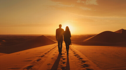 romantic couple waling in the desert at sunset 