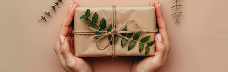woman's hand holding a wrapped gift in a simple way with plant branch on it 