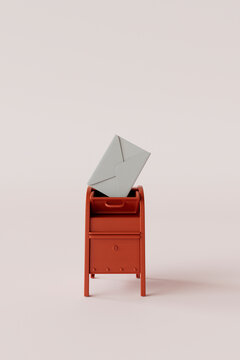 Minimalist 3D Render of Red Mailbox with Envelopes