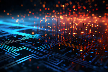 Fototapeta premium Digital abstract backdround for technological operations, neural networks, AI, data transmission and encryption, digital archives, audio and visual representations, scientific research. Copy space 