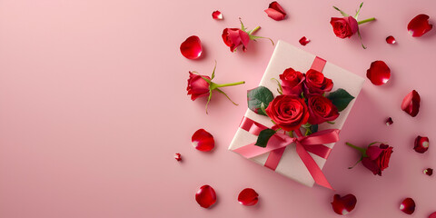 A white gift box with red ribbon, a bouquet of red roses, and red rose petals scattered around.
