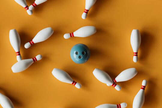 Aerial View of Bowling Ball and Pins on Orange