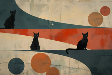 Three black cats sitting on a retro style abstract background