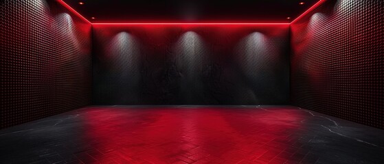 Studio interior with carbon fiber texture. Modern carbon fiber textured red black interior with light. Background for mounting, product placement. Vector background, template, mock-up.