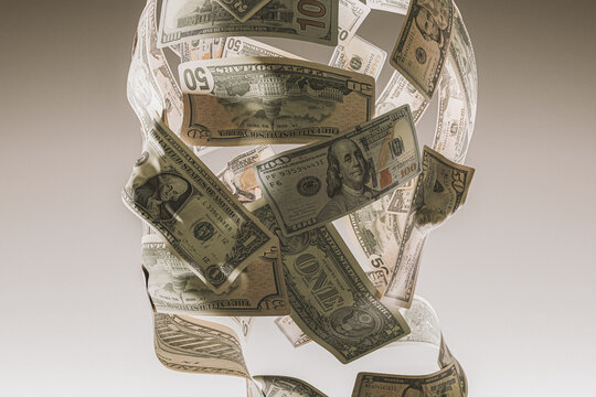 A Portrait of a Human Face Made of US Dollar Bills.