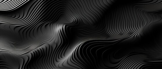 Black abstract background design. Modern wavy line pattern (guilloche curves) in monochrome colors. Premium stripe texture for banner, business backdrop. Dark horizontal vector template.