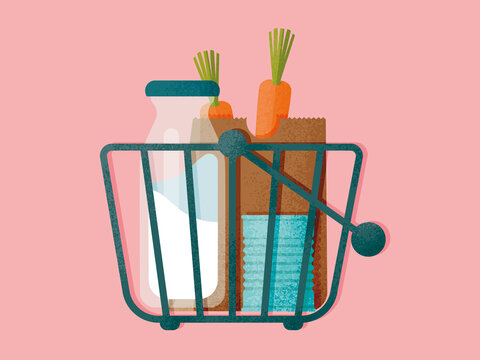 Grocery and milk bottle in shopping cart on pink background