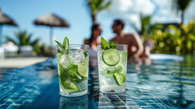 Glasses of mojito with lime and mint. on the edge of a swimming pool in a hotel, in the background a couple in love enjoys a conversation while sitting in the pool, advertising summer drinks in a bar