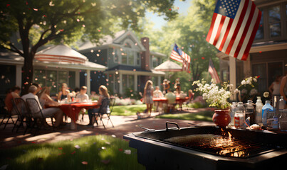 featuring a backyard filled with guests enjoying a Memorial Day barbecue, with American flags decorating the scene and children playing in the background, Memorial Day, Independenc
