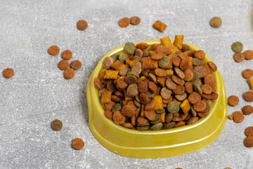 Full bowl cat food and scattered food floor.