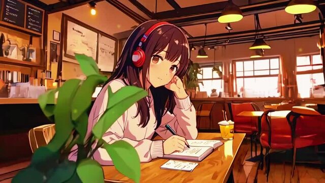 A cute girl with headphones on, studying at a small caf&eacute; table. The caf&eacute; has a warm, inviting atmosphere with other patrons quietly working, 4K High-Quality Japanese Anime-style Video