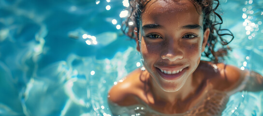 A young girl is smiling and splashing in a pool. The water is clear and calm, and the girl is wearing a swimsuit. Teenage biracial girl enjoys a sunny day in the pool - Powered by Adobe