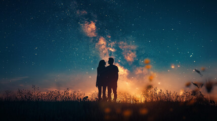 Fototapeta premium happy couple in the field in the evening and a lots of stars 