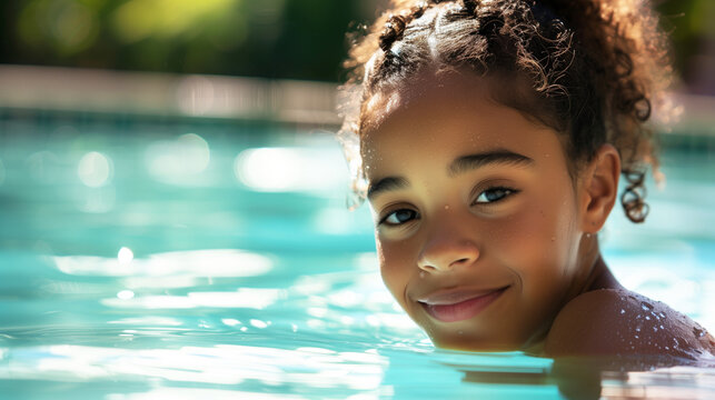A young girl is smiling and looking at the camera while swimming in a pool. Concept of joy and happiness, Teenage biracial girl enjoys a sunny day in the pool