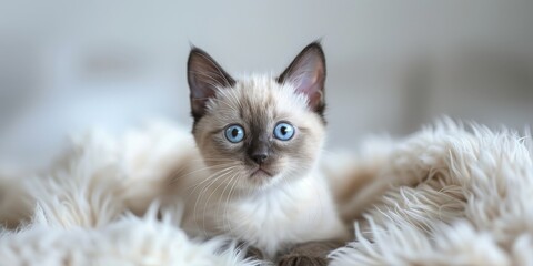 Fototapeta premium Siamese Cat With Blue Eyes Sitting on Fluffy Blanket