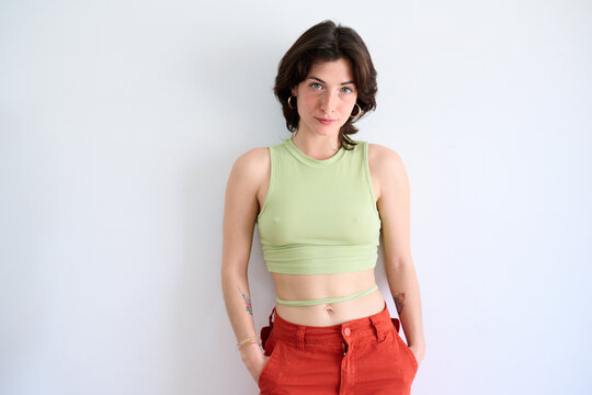 Confident bra less woman