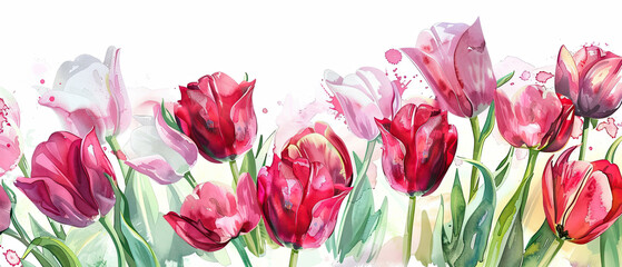 An artistic representation of a bouquet of pink and red tulips in watercolor. Generate AI