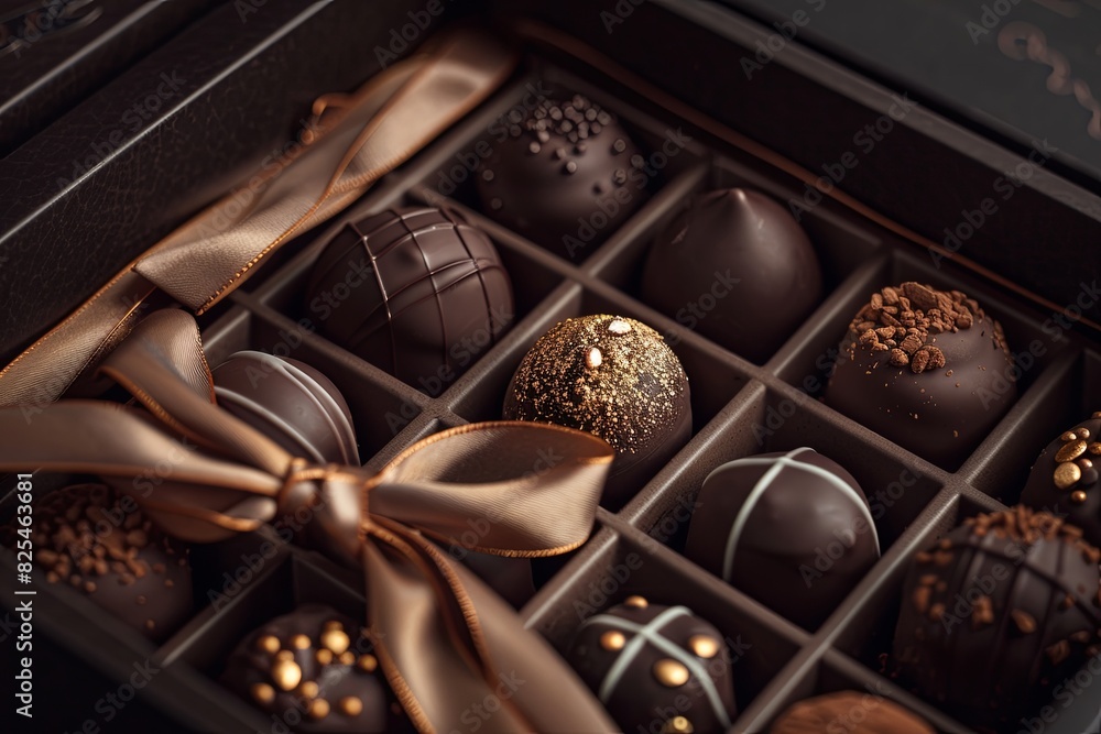 Poster elegant box of assorted chocolates with a bow, high detail and luxurious presentation, featuring cho