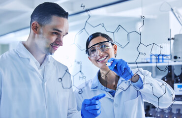 Team, scientist and writing on board for chemistry molecule, research or medical solution...