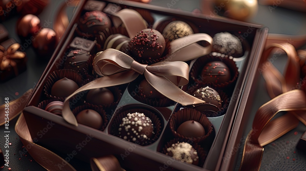 Poster an elegant box of chocolate truffles adorned with a ribbon bow, showcasing high detail and rich dark