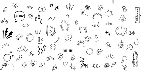Doodle line sparkles and rays. Hand drawn explosion lines confetti, sun burst, decorative effect surprise elements. Sketch comic celebrating splash and sign. Vector	