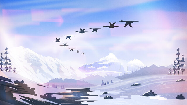 Spring landscape with snowy mountain, melting river, flying birds