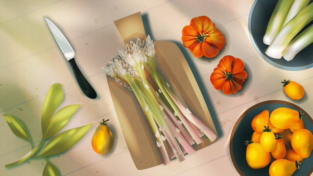 Flat lay food: asparagus, tomatoes, leek, knife on cutting board