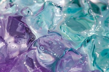close up of ice with purple, blue and green colors, textured surface 
