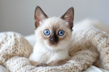 Obraz premium Siamese Cat With Blue Eyes Sitting on Blanket