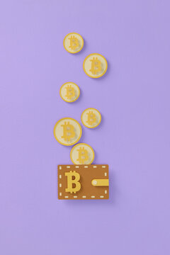 bitcoin wallet with coins isolated on purple background