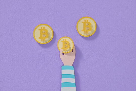 Hand with bitcoins flying Isolated on purple background