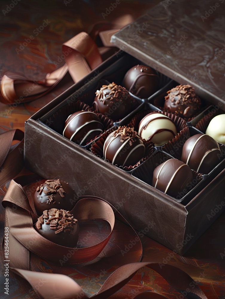 Poster luxurious box of chocolate truffles with ribbons on table. generative ai