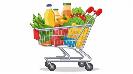 Vector illustration of a cart of fresh groceries produce on plain background.