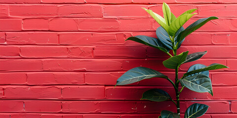 A red brick wall with a green plant in front of it.