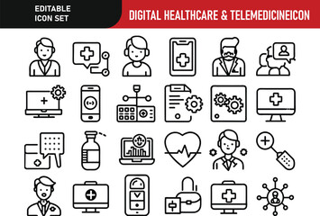 Digital Healthcare & Telemedicine related concept editable stroke outline icons isolated on white background flat vector illustration