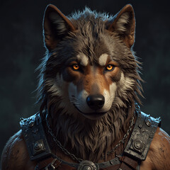 Fantastical wolf character in portrait style. Anthropomorphic beast serious looking.