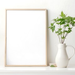 Frame Mock-up with Plants on White Wall Background