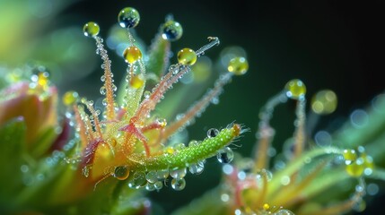 Naklejka premium Close up of trichomes on a cannabis bud, glistening with resin